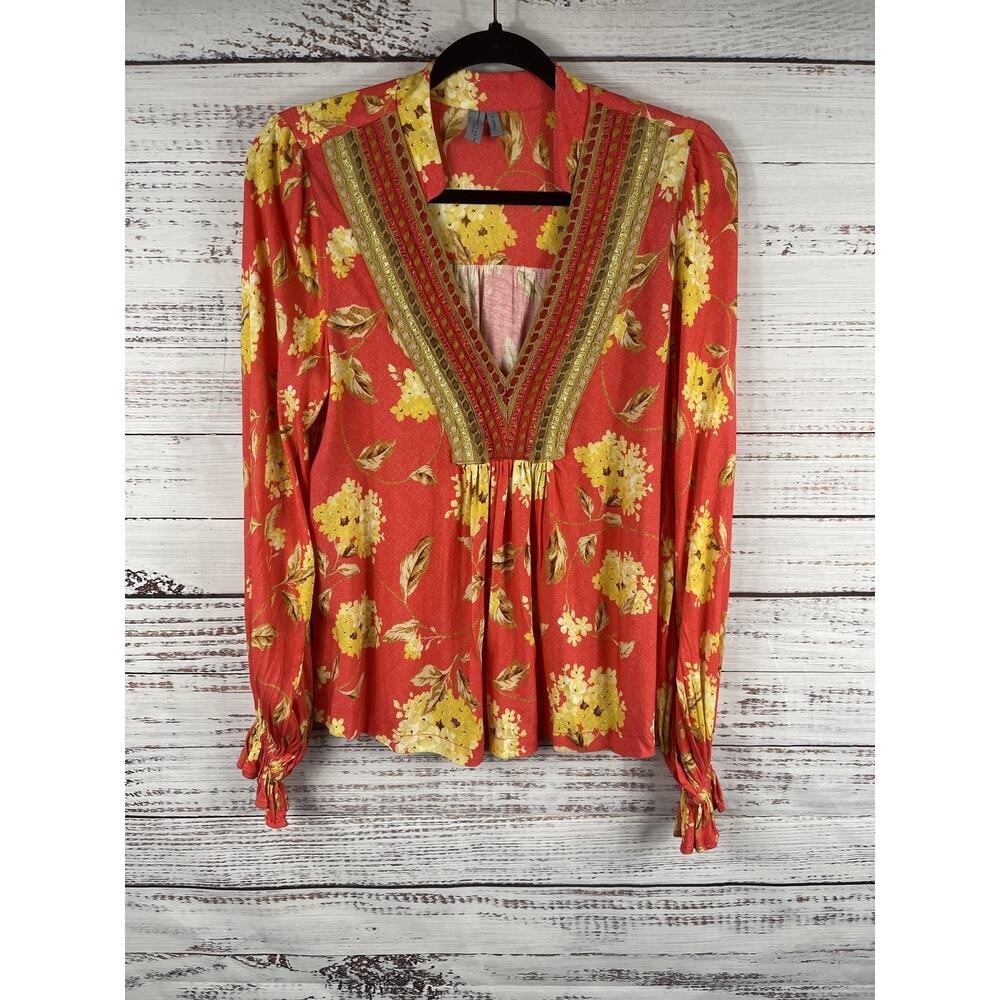 Blank London Blouse Womens XS Orange Floral Embroidered V Neck Boho Tunic Top